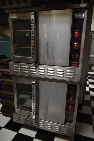 2 American Range MSD-2-GL Majestic Stainless Steel Commercial Natural Gas Powered Full Size Convection Ovens w/ View Through Door, Solid Door, Metal Oven Racks and Thermostatic Controls on Commercial Casters. 2 Times Your Bid! BUYER MUST REMOVE. (kitchen #2)