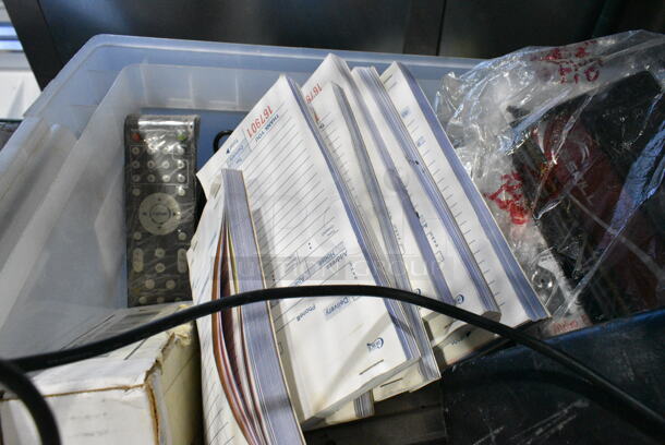ALL ONE MONEY! Lot of Various Items Including Order Pads, Remote, Sign, Hard Drive in Poly Bin.  - Image 3 of 8