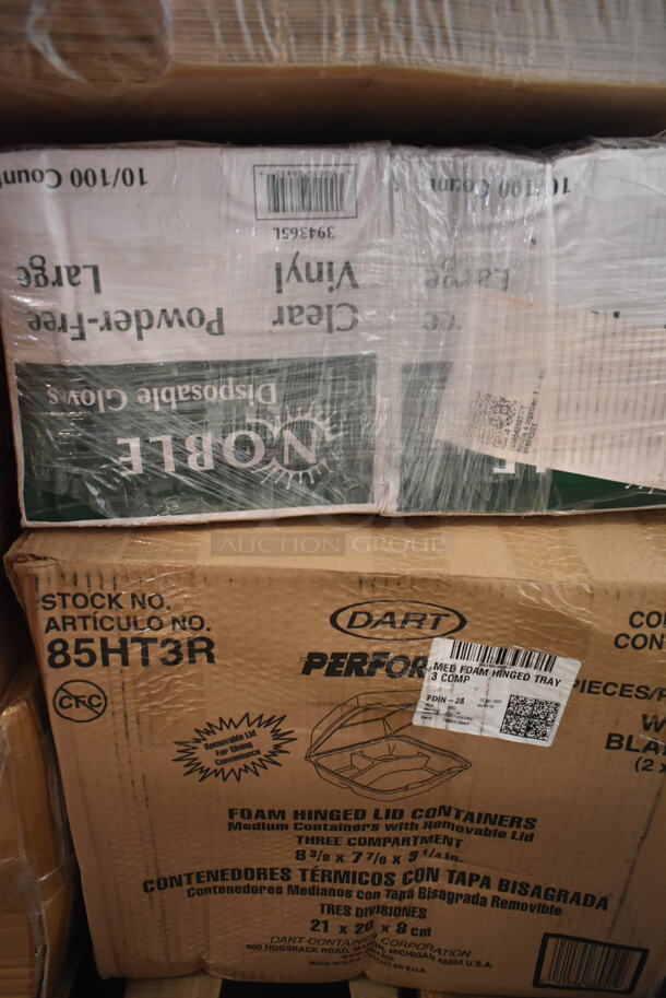PALLET LOT of 30 BRAND NEW Boxes Including 760SOUP8WPL Choice 8 oz. White Double Poly-Coated Paper Food Cup with Vented Plastic Lid - 250/Case, 3 Box 128HD8BULK ChoiceHD 8 oz. Microwavable Translucent Plastic Deli Container - 480/Case, 500CC16 Choice Plastic Cold Cup, 612527PCO Choice 7" Round Standard Weight Foil Take-Out Pan with Dome Lid - 200/Case, 612P558 Choice 8" Clear Round Plastic Dome Lid - 500/Case, 160TCPR83WH Choice 83" Round White 100% Spun Polyester Hemmed Cloth Table Cover, 2 Box 128HDLDBULK ChoiceHD Microwavable Translucent Plastic Deli Container Lid - 480/Case, 37T019 Libbey 9" Plates, 500TW35 Choice 3.5 oz. Translucent Thin Wall Plastic Cold Cup - 2500/Case, 394365L Noble Products Powder-Free Disposable Clear Vinyl Gloves for Foodservice - Large - 1000/Case, 245CB12PLN Choice 12" x 12" x 2" Kraft Customizable Corrugated Plain Pizza Box - 50/Case, 500PMGREEKBL Choice 10" x 14" Greek Key Blue Placemat - 1000/Case, 129MCS24W Choice 24 oz. White 8" x 5 1/4" x 2" Rectangular Microwavable Heavy Weight Container with Lid - 150/Case, 347TCL7 CUP 7OZ TUMBLER CL 500 CHOICE, 2 Box 129MCR32B Choice 32 oz. Black 7 1/4" Round Microwavable Heavy Weight Container with Lid - 10/Pack, 760SOUP12WP Choice 12 oz. White Double Poly-Coated Paper Food Cup with Vented Plastic Lid - 250/Case. 30 Times Your Bid! - Image 9 of 12