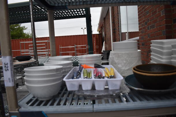 ALL ONE MONEY! Lot of 4 Tiers of Various Smallwares Including White Ceramic Plates, Pitchers. Does Not Include Shelving Unit - Image 2 of 7