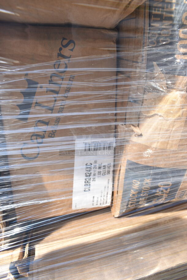 PALLET LOT of 35 BRAND NEW Boxes Including 500TO993C Choice 9" x 9" x 3" Microwaveable 3-Compartment Black / Clear Plastic Hinged Container - 100/Case, 2 box 127RD8BULK Choice 8 oz. Customizable Microwavable Translucent Round Deli Container - 500/Case, 795PTOKFT8 Choice Kraft Microwavable Folded Paper #8 Take-Out Container 6" x 4 3/4" x 2 1/2" - 300/Case, 966UPWIDEKF1-500 OneUp by Choice Kraft 1-Ply Wide Interfold 6 1/2" x 8 1/2" Dispenser Napkin - 6000/Case, 5014046 Lavex Pro 45 Gallon 3 Mil 40" x 46" Low Density Heavy-Duty Industrial Contractor Black Trash Bag / Can Liner - 50/Case, 127CH32 Choice 32 oz. Clear RPET Hinged Deli Container - 200/Case, 127DM12BULK Choice 12 oz. Ultra Clear PET Plastic Round Deli Container - 500/Case, 433NHT101 Choice 1/6 Standard Size White "Thank You" Standard-Duty Plastic T-Shirt Bag - 700/Case, 3 Box Inteplast Group PB060315H Get Reddi 6" x 3" x 15" Heavy Duty Plastic Food Bag - 1000/Case, 9991LBCBWWH Choice 4 1/4" x 9 3/4" 1 lb. White Customizable Tin Tie Cookie / Coffee / Donut Bag with Window - 100/Pack. 35 Times Your Bid!  - Image 10 of 12