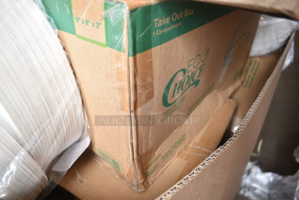 PALLET LOT of 25 BRAND NEW Boxes Including 999RP10 10" Plates, 347SLWG8 Visions 8 oz. Heavy Weight Clear Plastic Stemless Wine Glass - 64/Case, GET CS-10-RM Rustic Mill 10 1/2" Irregular Round Coupe Plate - 12/Case, 500LFLAT Choice Clear Flat Lid with Straw Slot - 9, 12, 16, 20, and 24 oz. - 1000/Case, 475TCLD55BL Lavex 55 GallonBlue Round Commercial Trash Can Lid, Eco-Gecko 5" Square Palm Leaf Bowls, 612D3COMP Choice 8 1/2"x 6 3/8" 3-Compartment Oblong Foil Take-Out Container with Board Lid - 250/Case, 795PTOBK1 Choice Black Microwavable Folded Paper #1 Take-Out Container 4 3/8" x 3 1/2" x 2 1/2" - 450/Case, 395TO961 EcoChoice 9" x 6" x 3" Compostable Sugarcane / Bagasse 1 Compartment Take-Out Container - 200/Case, 347SLW68 Plastic Stemless Wine Glasses. 25 Times Your Bid! - Image 11 of 12