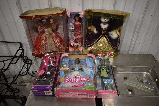 ALL ONE MONEY! Lot of 6 BRAND NEW IN BOX! Various Barbies Including Sleeping Beauty, My Graduation, Holiday.