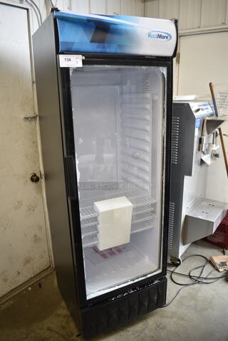 BRAND NEW SCRATCH AND DENT! KoolMore MDR-1GD-12C Metal Commercial Single Door Reach In Cooler Merchandiser w/ Poly Coated Racks. See Pictures for Broken Glass. 115 Volts, 1 Phase. Tested and Working!