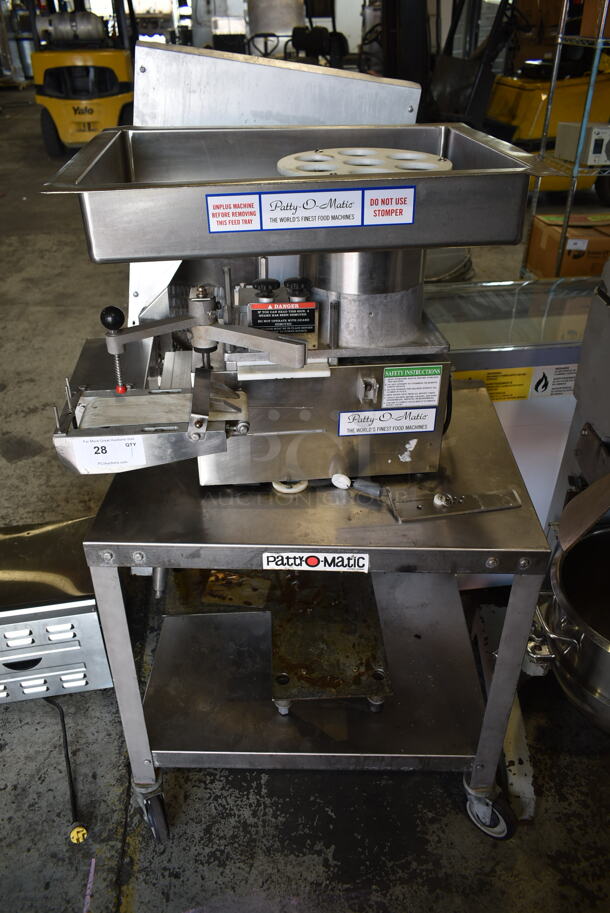 Patty-o-matic 330A Stainless Steel Commercial Countertop Automatic Patty Forming Machine w/ Equipment Stand on Commercial Casters. 115/208 Volts, 1 Phase. 