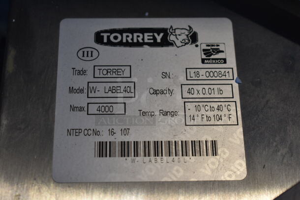 LIKE NEW! Torrey W-Label40L Metal Commercial Countertop 40 Pound Capacity Food Portioning Scale. Cannot Test Due To Missing Power Cord - Image 7 of 7