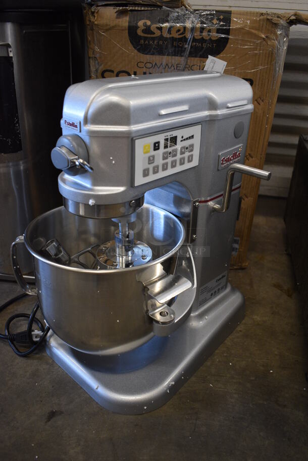 BRAND NEW IN BOX! Estella Model 348EMIX8 Metal Commercial Countertop 8 Quart Planetary Dough Mixer w/ Stainless Steel Mixing Bowl, Whisk, Paddle and Dough Hook Attachment. 120 Volts, 1 Phase. 13x16x20
