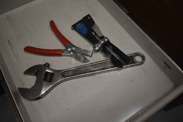 Tan Metal 2 Door Cabinet w/ Contents Including Panasonic Commercial Electric Stapler and Tools on Commercial Casters. - Image 11 of 12