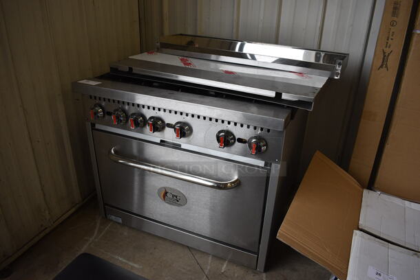 BRAND NEW! CPG Model 351S36N Stainless Steel Commercial Natural Gas Powered 6 Burner Range w/ Oven. Comes w/ Backsplash, Over Shelf, Extra Grate, 2 Extra Burners and 2 Extra Knobs. Stock Picture Used For Gallery. 36x31x31 - Image 3 of 12