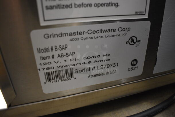 BRAND NEW! Grindmaster B-SAP PrecisionBrew Digital 2.5 Liter Single Automatic Coffee Machine w/ Hot Water Dispenser and Metal Brew Basket. 120 Volts, 1 Phase. 8x20.5x25. Tested and Working! - Image 6 of 6