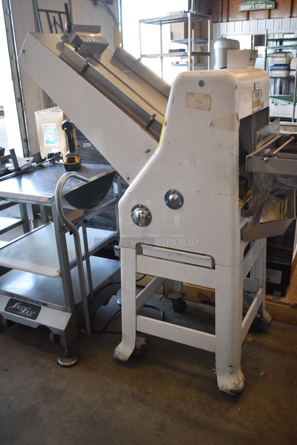 Oliver 797-32NC Metal Commercial Floor Style Bread Loaf Slicer on Commercial Casters. 115 Volts, 1 Phase. 43x22x57. Tested and Working!