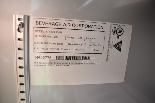 BRAND NEW SCRATCH AND DENT! Beverage Air SPE60HC-10 Stainless Steel Commercial Elite Series 60" 2 Door Refrigerated Sandwich Prep Table on Commercial Casters. 115 Volts, 1 Phase. Tested and Working! - Image 12 of 12