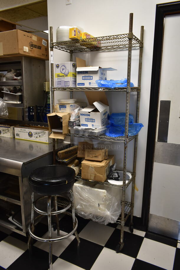 Metro Chrome Finish 5 Tier Wire Shelving Unit w/ Contents Including Paper Products. BUYER MUST REMOVE: BUYER MUST DISMANTLE. PCI CANNOT DISMANTLE FOR SHIPPING. PLEASE CONSIDER FREIGHT CHARGES. (kitchen #2) - Image 1 of 4