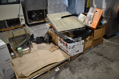 ALL ONE MONEY! 2 PALLET LOT of Various Items Including Hoppers, Racks and Umbrella Stand.