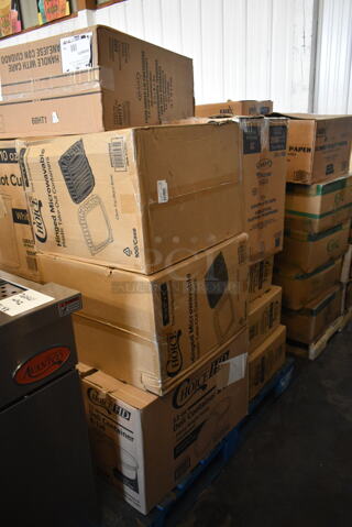 PALLET LOT of 13 BRAND NEW! Boxes Including 500TO993 Choice 9" x 9" x 3" Microwavable 1-Compartment Black / Clear Plastic Hinged Container - 100/Case, Solo Ultra Clear&#8482; 5C 5 oz. Clear PET Plastic Cold Cup - 2500/Case, 3 Box 612LOB15LBDC Choice 1.5 lb. Deep Oblong Foil Take-Out Container with Board Lid - 250/Case, 128HD12COMBO ChoiceHD 12 oz. Microwavable Translucent Plastic Deli Container and Lid Combo Pack - 240/Case, Dart Foam Hinged Lid Container. 13 Times Your Bid!
