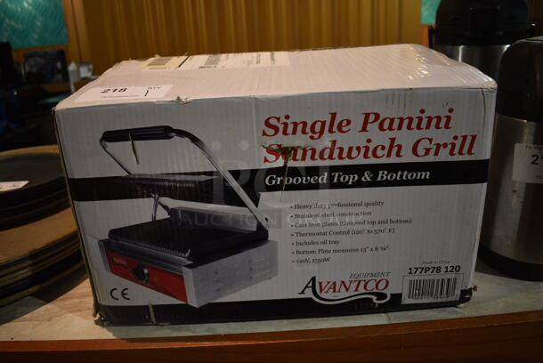 BRAND NEW IN BOX! Avantco 177P78  Stainless Steel Commercial Countertop Panini Press. 120 Volts, 1 Phase. 16x15x9. (bar) - Image 2 of 5