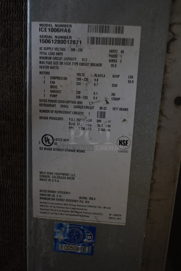 LATE MODEL! 2015 Ice O Matic ICE1006HA6 Stainless Steel Commercial Ice Head. No Front Panel. 208-230 Volts, 1 Phase.  - Image 8 of 8