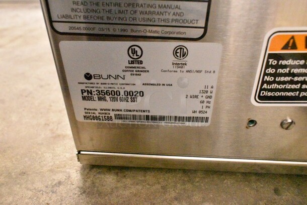 BRAND NEW SCRATCH AND DENT! 2024 Bunn MHG BrewWISE MHG Stainless Steel Multi Hopper Coffee Grinder with Removable Hoppers. 120 Volts, 1 Phase. Tested and Working! - Image 6 of 6