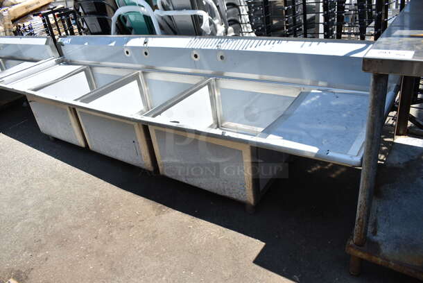 BRAND NEW SCRATCH AND DENT! Regency 600S32424218 Stainless Steel Commercial 3 Bay Sink w/ Dual Drain Board. Bays 24x24x14. No Legs.  - Image 2 of 8