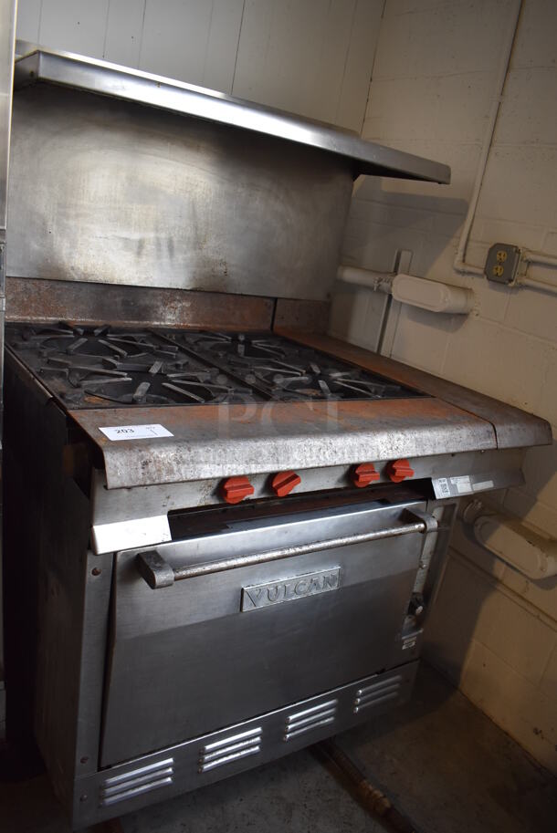 Vulcan Stainless Steel Commercial Natural Gas Powered 4 Burner Range w/ Oven, Over Shelf and Back Splash on Commercial Casters. 43.5x40x61 - Image 4 of 11