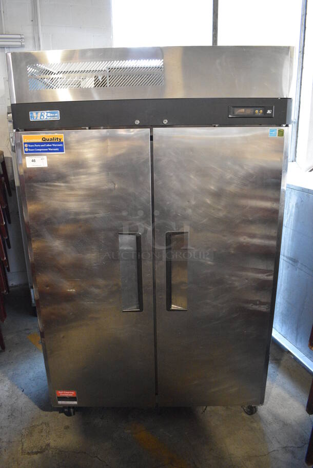 Turbo Air Model M3R47-2 Stainless Steel Commercial 2 Door Reach In Cooler w/ Poly Coated Racks on Commercial Casters. 115 Volts, 1 Phase. 52x31x83. Tested and Working!