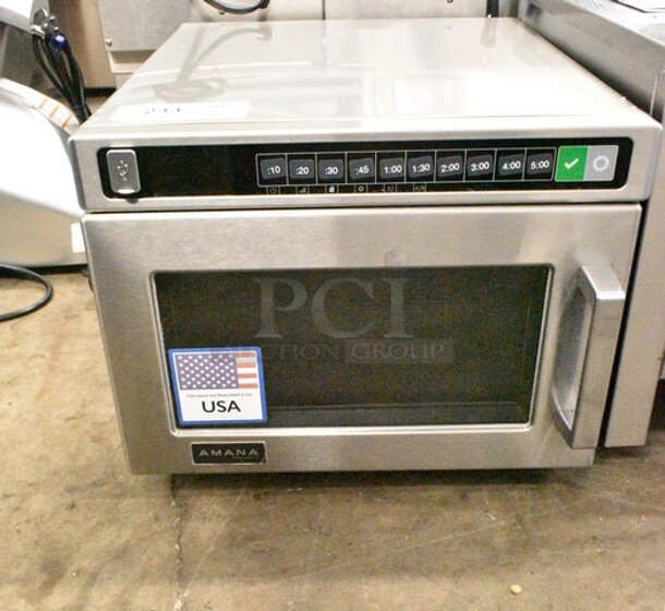 BRAND NEW SCRATCH AND DENT! 2024 Amana HDC1015 Stainless Steel  Heavy-Duty Stainless Steel Commercial Microwave with Push Button Controls. 120 Volts 1 Phase.  - Image 2 of 5