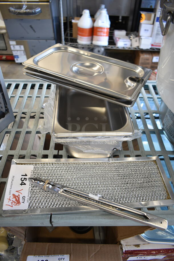 BRAND NEW SCRATCH AND DENT! ALL ONE MONEY! Lot of Edlund 4412HD 44 Series 12" Heavy-Duty Scallop Utility Tongs, Screen for Rapid Cook Oven, 2 4070349 Stainless Steel Drop In Bins, 3 4070230 Stainless Steel Drop In Bin Lids.  - Image 1 of 11
