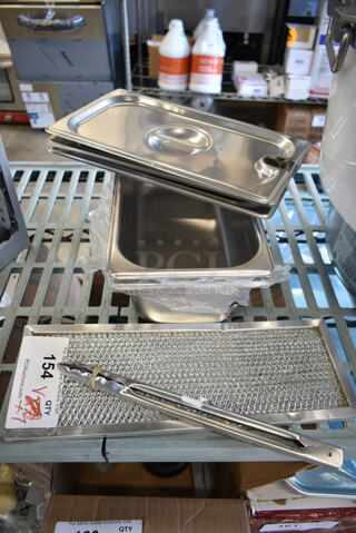 BRAND NEW SCRATCH AND DENT! ALL ONE MONEY! Lot of Edlund 4412HD 44 Series 12" Heavy-Duty Scallop Utility Tongs, Screen for Rapid Cook Oven, 2 4070349 Stainless Steel Drop In Bins, 3 4070230 Stainless Steel Drop In Bin Lids. 