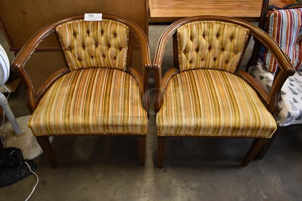 2 Wooden Arm Chairs w/ Stripe Pattern. 2 Times Your Bid!