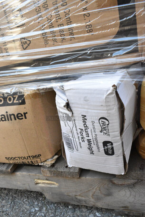 31 BRAND NEW Boxes Including 2 Box 500LFLAT32 Clear Plastic Flat Lid with Straw Slot, 130BFORKWP Choice Individually Wrapped Medium Weight Black Plastic Fork - 1000/Case, 2 Box 5A01436 Items, 795KF44RNPE Choice 44 oz. Round Kraft PE-Lined Microwavable Take-Out Container 7 5/16" x 2 5/8" - 300/Case, 5002WRAPNAPN EcoChoice WrapNap 2-Ply Natural Kraft 1/4 Fold Dinner Napkin 16" x 16", Dart 85MFPPHT1 ProPlanet 8 5/16" x 8" x 3" White Mineral-Filled 1 Compartment Hinged Lid Takeout Container - 150/Case, 5002DNAP Choice 15" x 17" Black Customizable 2-Ply Paper Dinner Napkin - 1000/Case, 394365L Noble Products Powder-Free Disposable Clear Vinyl Gloves for Foodservice - Large - 1000/Case, 394365XL Noble Products Powder-Free Disposable Clear Vinyl Gloves for Foodservice - Extra Large - 1000/Case, 502386022CL Lavex 55-60 Gallon 22 Micron 38" x 60" High Density Janitorial Can Liner / Trash Bag - 150/Case, 130WSSPOON Choice Medium Weight White Plastic Soup Spoon, 500MF883B1C Choice -Compartment Microwaveable Black Take-Out Container, 130BPLAKFNWP EcoChoice Wrapped Heavy Weight 6 1/2" Black CPLA Knife, Fork, and Napkin - 250/Case, 500LFLAT Choice Clear Flat Lid with Straw Slot - 9, 12, 16, 20, and 24 oz. - 1000/Case, 500CTOUT96P Choice 96 oz. Beverage Take-Out Container with Coffee To-Go Print - 25/Case, 130WFORK Choice Individually Wrapped Medium Weight White Plastic Fork. 31 Times Your Bid!  - Image 5 of 12