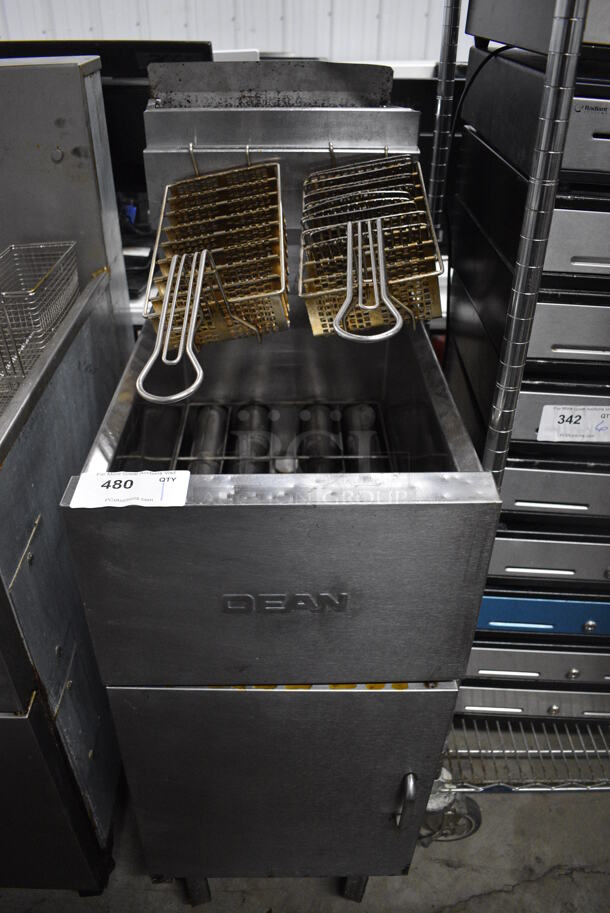 Dean Model SM150GN Stainless Steel Commercial Floor Style Natural Gas Powered Deep Fat Fryer w/ 2 Baskets on Commercial Casters. 120,000 BTU. 15.5x30x47