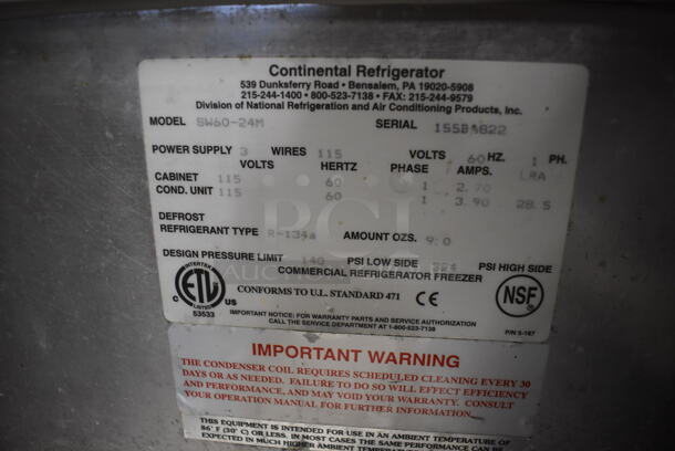 Continental SW60-24M Stainless Steel Commercial Sandwich Salad Prep Table Bain Marie Mega Top on Commercial Casters. 115 Volts, 1 Phase. 60x34x42.5. Tested and Powers On But Does Not Get Cold - Image 7 of 9
