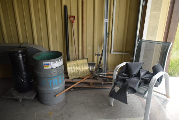 ALL ONE MONEY! Lot of Various Items Including Patio Chair, Gray Metal Barrel and Snow Shovel. BUYER MUST REMOVE. - Image 1 of 4