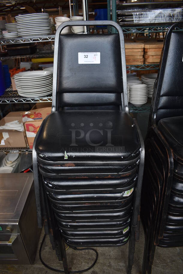 9 Gray Metal Stackable Banquet Chairs w/ Black Cushions. 18x21x32. 9 Times Your Bid!