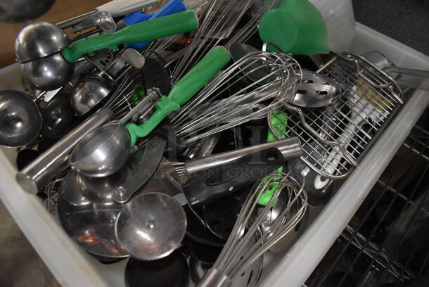 ALL ONE MONEY! Lot of Various Metal Utensils Including Scoopers, Whisks in Poly Bin - Image 4 of 5