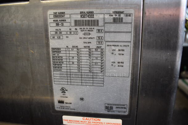 Taylor 358-33 Stainless Steel Commercial Floor Style Single Flavor Soft Serve Ice Cream Machine on Commercial Casters. 208-230 Volts, 3 Phase. 16x32x57 - Image 5 of 6