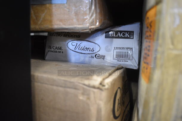 PALLET LOT of 42 BRAND NEW Boxes Including 7 Box 130ROLLKFSBK Visions 17" x 17" White Pre-Rolled Linen-Feel Napkin and Black Heavy Weight Plastic Cutlery Set - 100/Case, 129MCR24B Choice 24 oz. Black Round Microwavable Heavy Weight Container with Lid 7 1/4" - 150/Case, Choice 16 oz Deli Containers, 130SERVSPBK Visions 10" Black Disposable Plastic Serving Spoon - 72/Case, 760SOUP16KFT EcoChoice 16 oz. Kraft Paper Food Cup with Vented Lid - 250/Case, 433CARTRAY1 EcoChoice Pulp Fiber 1 Cup Carrier with Tray - 200/Case, 5002BNAPNAT EcoChoice 2-Ply Natural Kraft Beverage / Cocktail Napkin - 3000/Case, 5002CPTEC Lavex 2-Ply White Center Pull Economy Paper Towel Roll, 500 Sheets / Roll - 6/Case, 20500-3L Genpak 20500-BLK 9 3/16" x 6 1/2" x 2 7/8" Black Large Deep All Purpose Foam Hinged Lid Container - 200/Case, 128HD12COMBO ChoiceHD 12 oz. Microwavable Translucent Plastic Deli Container and Lid Combo Pack - 240/Case, 427BMFAR75SL Umbrella. 42 Times Your Bid! - Image 7 of 12