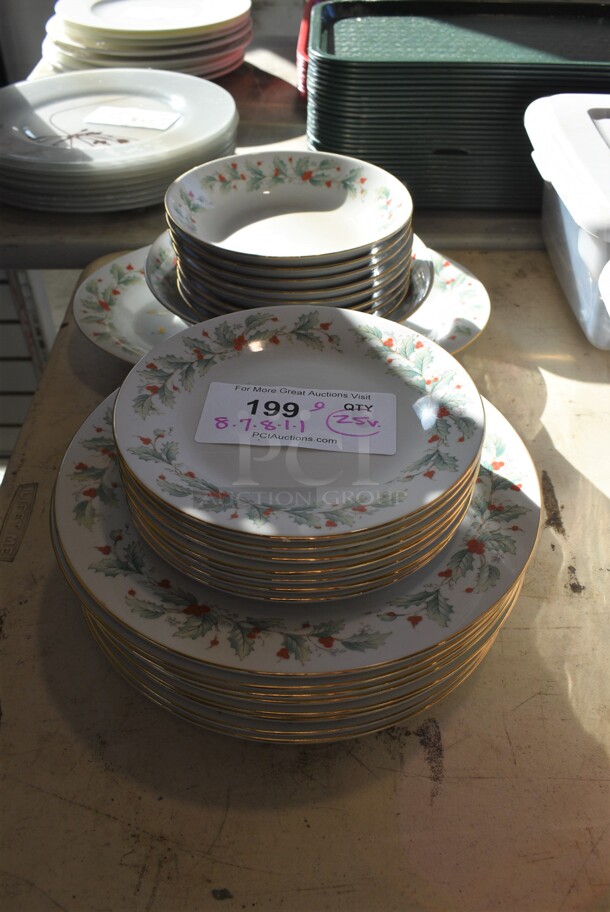ALL ONE MONEY! Lot of 25 White Ceramic Dishes w/ Holly Floral Rim. 16 Plates and 9 Bowls. Includes 7.5x7.5x1, 10.5x10.5x1