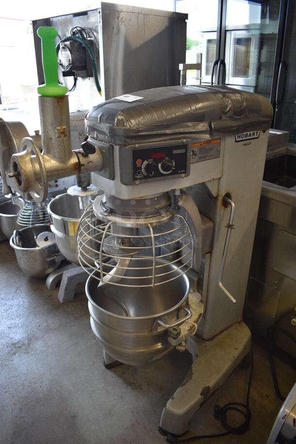 Hobart Legacy Model HL300 Metal Commercial Floor Style 30 Quart Planetary Dough Mixer w/ Stainless Steel Mixing Bowl, Bowl Guard, Dough Hook and Meat Grinder. 100-120 Volts, 1 Phase. 24x37x56. Tested and Working!