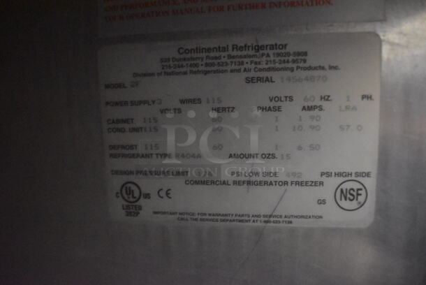 Continental 2F Stainless Steel Commercial 2 Door Reach In Freezer on Commercial Casters. 115 Volts, 1 Phase. 57x34x82. Tested and Working! - Image 4 of 6