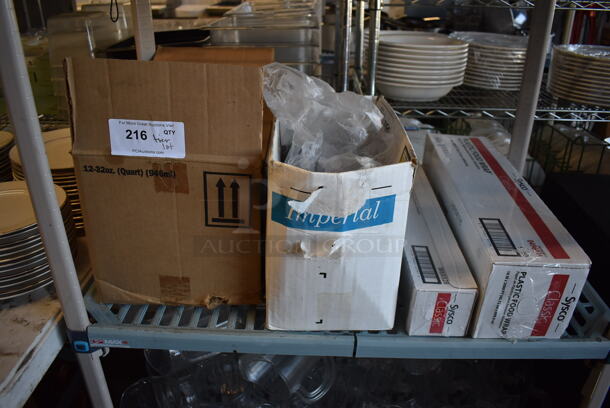 ALL ONE MONEY! Tier Lot of Various Items Including Sysco Plastic Food Wrap, Suma Dilac Cleaner Bottles and Poly Spoons