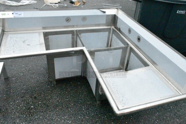 BRAND NEW SCRATCH AND DENT! Regency 600S31620C 57" 16 Gauge Stainless Steel Three Compartment Commercial Corner Sink with 2 Drainboards - 16" x 20" x 14" Bowls. No Legs.  - Image 2 of 10