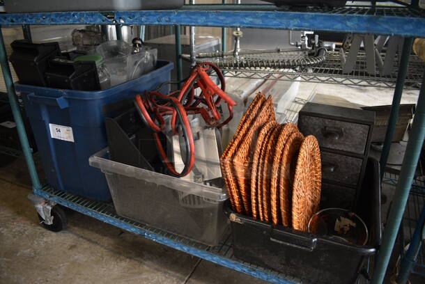 ALL ONE MONEY! Lot of 3 Bins of Various Items Including Jumper Cables, Wicker Chargers, Metal 3 Drawer, Glass Liquid Measuring Cup and Poly Items! - Image 1 of 7