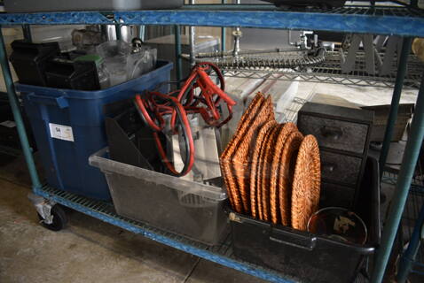 ALL ONE MONEY! Lot of 3 Bins of Various Items Including Jumper Cables, Wicker Chargers, Metal 3 Drawer, Glass Liquid Measuring Cup and Poly Items!