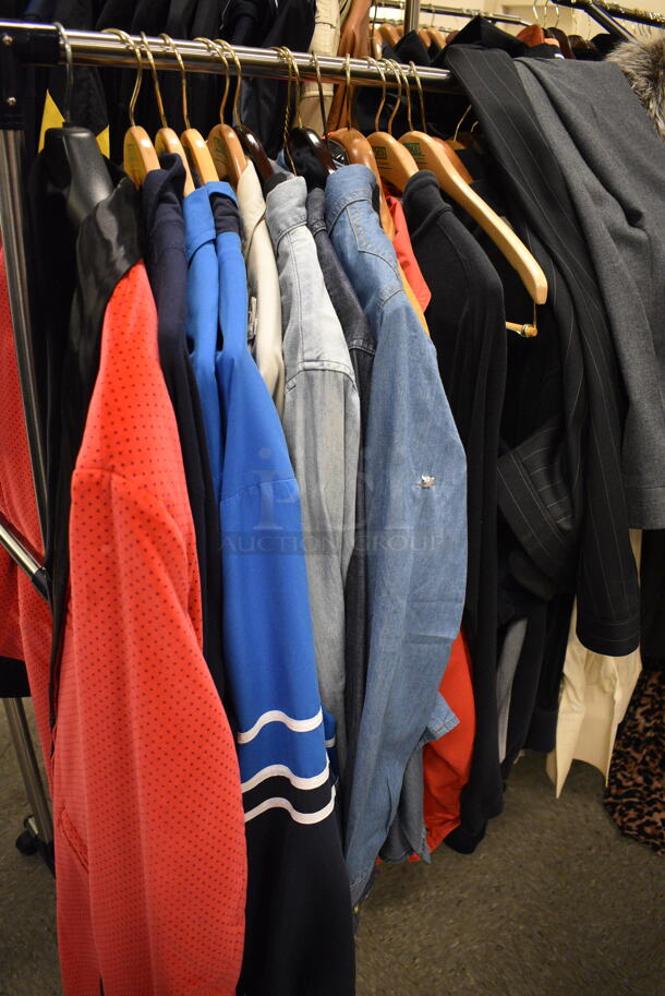 Clothing Rack Lot of Various Men's Clothing Including Jean Jackets, Sports Jackets, Dress Pants, Dress Shirts and Robe. Clothing Racks Not Included!