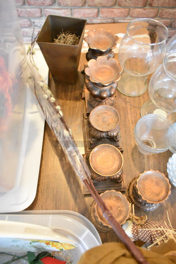 3 Wood Pattern Tables w/ Contents Including Decorations, Glasses. 3 Times Your Bid! (booth room)  - Image 11 of 11