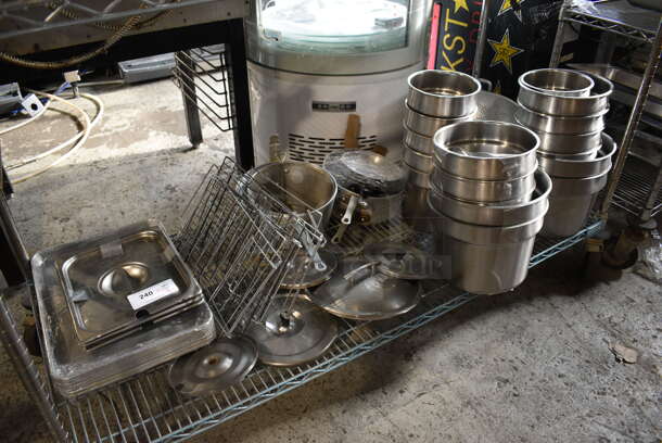 ALL ONE MONEY! Tier Lot of Various Metal Items; Cylindrical Bins, Sauce Pans and Colander
