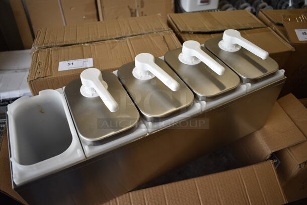 Servsense Stainless Steel Countertop Condiment Rail w/ 5 White Poly Drop Ins and 4 Pump Lids. 23.5x8x10 - Image 4 of 6