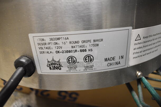 BRAND NEW SCRATCH AND DENT! 2023 Carnival King 382CMPT16A Stainless Steel Commercial 16" Round Portable Steel Crepe Maker. 120 Volts, 1 Phase. Tested and Working! - Image 4 of 5