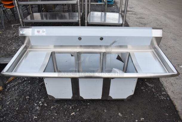 BRAND NEW SCRATCH AND DENT! Steelton 522CS31014LR Stainless Steel Commercial 18-Gauge Three Bay Sink w/ Dual Drain Boards. No Legs. 54x19x23. Bays 10x14x12. Drain Boards 10x16x1